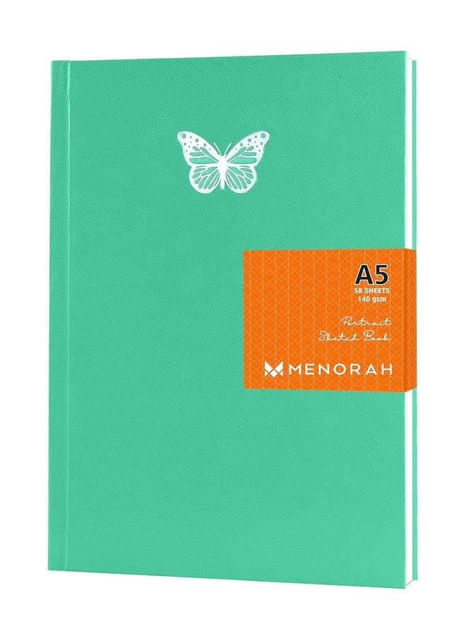 MENORAH مينورا - دفتر رسم فني A5 - 140 غرام/متر مربع - (58 ورقة / 116 صفحة) - دفتر رسم أنيق - (المقاس: 21.0 سم × 14.8 سم) - مصنوع يدويًا - دفتر رسم كاساتا (نعناع حلو - فراشة) - بورتريه - Image 1